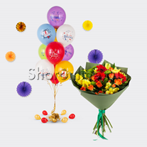 Набор "Фонтан из шаров 1 Сентября + букет цветов Первый учитель"