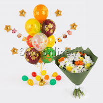 Набор "Фонтан из шаров Кленовые листья + букет цветов Радуга"