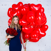 Набор "Сердечки 30 см + букет красных роз" Премиум