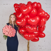 Набор "Сердечки 30 см + букет розовых роз" Премиум