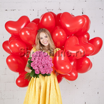 Набор "Сердечки 30 см + букет розовых роз" Стандарт