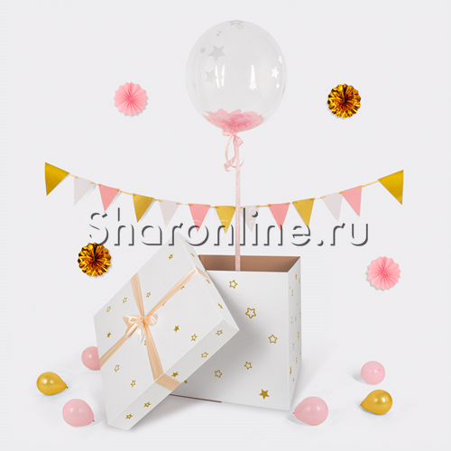 Шар Bubble с розовыми перьями и наклейками в коробке - изображение 1
