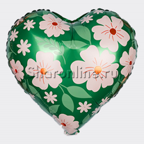 Шар Сердце "Цветы" сатин 46 см